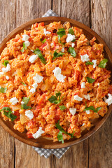 Greek tomato scrambled eggs Strapatsada closeup in the plate on the table. vertical top view from above