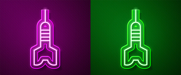 Glowing neon line Dart arrow icon isolated on purple and green background. Vector.