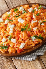 Greek tomato scrambled eggs Strapatsada closeup in the plate on the table. vertical