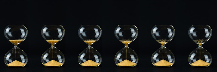Many hourglasses with golden sand and black backgrounds show how time is running