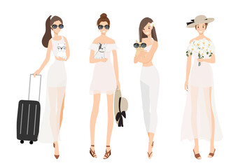 pretty young stylish women wear summer white dress with French bulldog puppy flat style collection isolated on white background