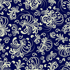 Fototapeta na wymiar Seamless blue background with beige pattern in baroque style. Vector retro illustration. Ideal for printing on fabric or paper for wallpapers, textile, wrapping. 