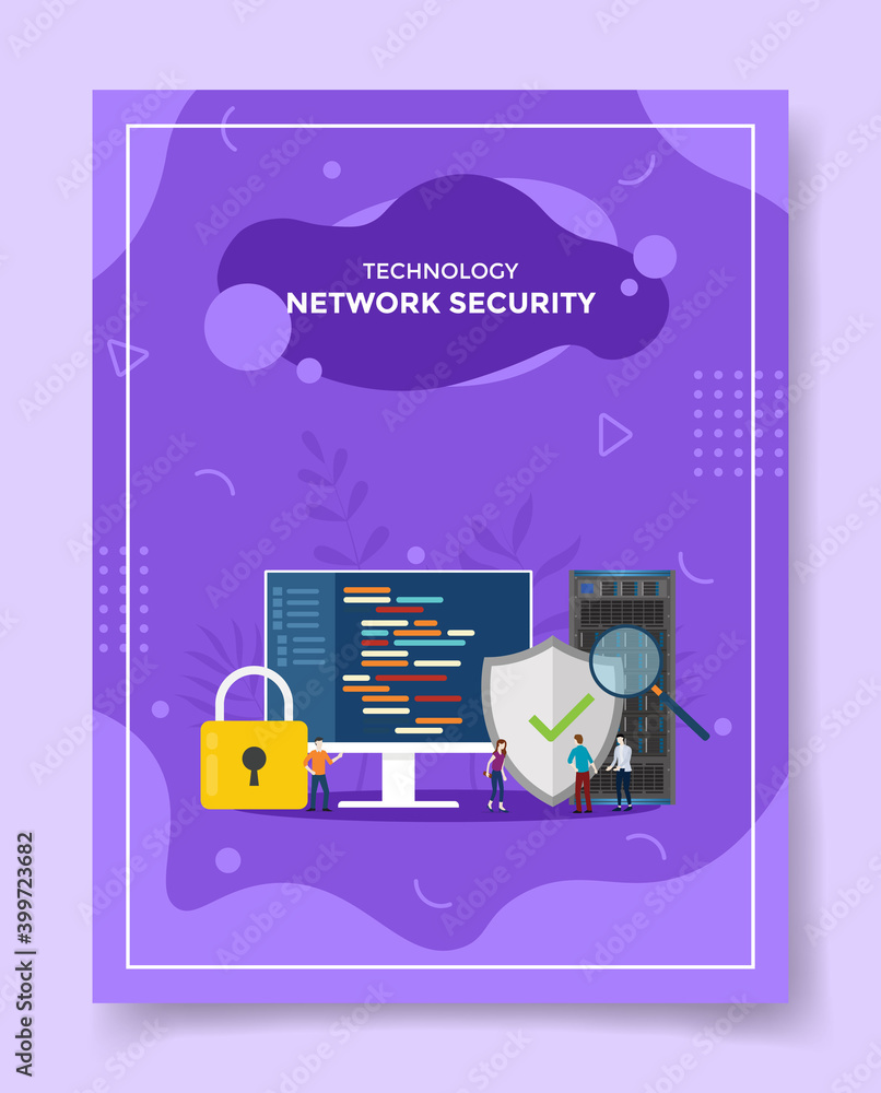 Poster technology network security people around big computer shield protection network padlock for templat