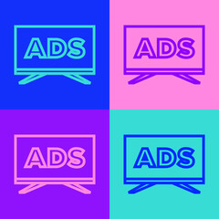 Pop art line Advertising icon isolated on color background. Concept of marketing and promotion process. Responsive ads. Social media advertising. Vector.