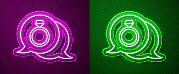 Glowing neon line Diamond engagement ring icon isolated on purple and green background. Vector.