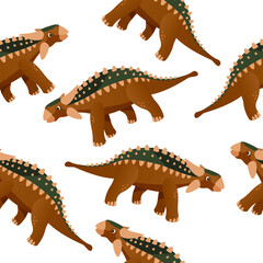 Seamless dinosaur patterns are depicted on a white background. Colorful dinosaur in cartoon style. Cute cartoon Jurassic dinosaur. Vector illustration