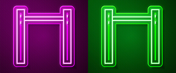 Glowing neon line Sport horizontal bar icon isolated on purple and green background. Vector.