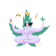Doctor surrounded by cannabis drugs on marijuana