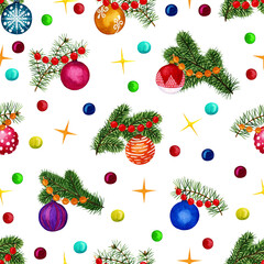 Seamless pattern of Christmas elements. Holiday ornamental decorations for the happy new year. Watercolour illustration of hand painted. 