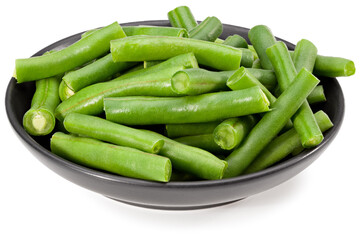 green beans in a black plate isolated on white background. Clipping path and full depth of field