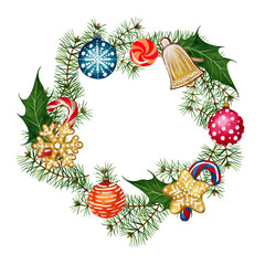 Watercolor Christmas wreath. New year decoration, christmas design, hand painted, for invitation, greeting card. Decorative element. Watercolor illustration of hand painted.