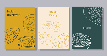 Hand drawn poster set with curry, malai kofta, navratan korma, aloo gobi, biryani, samosa, laddu, rasmalai. Design sketch element for menu cafe, restaurant, bakery and packaging.  Vector illustration.