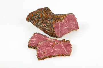 Tasty meat sausages over white background