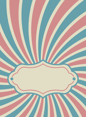 Sunlight retro vertical background with vintage frame for text. Pale red and beige color burst background.