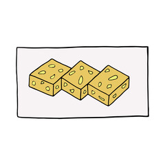 Vector hand drawn doodle sesame barfi. Indian dessert. Design sketch element for menu cafe, restaurant, label and packaging. Colorful illustration on a white background.