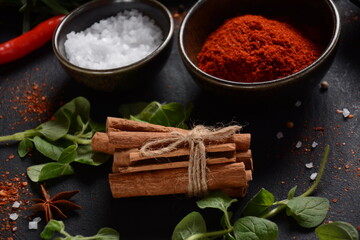 Variety of spices and herbs on kitchen table. Colorful various herbs and spices for cooking on dark background