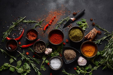 Variety of spices and herbs on kitchen table. Colorful various herbs and spices for cooking on dark background