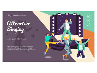 Music entertainment landing page. Music band dancing and singing on stage at karaoke bar, night club. Music party, festival, live performance flat vector illustration