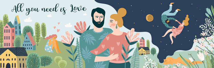 Romantic illustrations with men and women. Love, love story, relationship. Vector design banner for Valentines Day