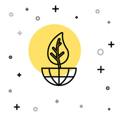 Black line Earth globe and leaf icon isolated on white background. World or Earth sign. Geometric shapes. Environmental concept. Random dynamic shapes. Vector.