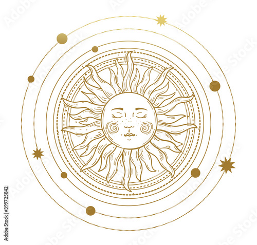 Vector Illustration In Vintage Mystic Style Boho Design Tattoo Tarot The Device Of The Universe The Sun With A Face Orbits With Stars Line Drawing Isolated On A White Background Wall Mural Tanya