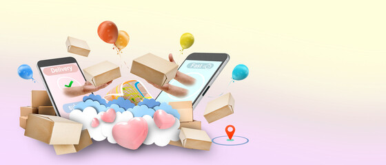 Online delivery services and Hand Giving Package concept on mobile phone and package shipping Online order tracking with   application Background - 3d rendering