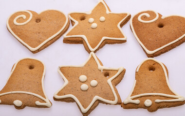 Christmas homemade gingerbread cookies on white background. Christmas home baking