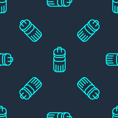 Green line Trash can icon isolated seamless pattern on blue background. Garbage bin sign. Recycle basket icon. Office trash icon. Vector.