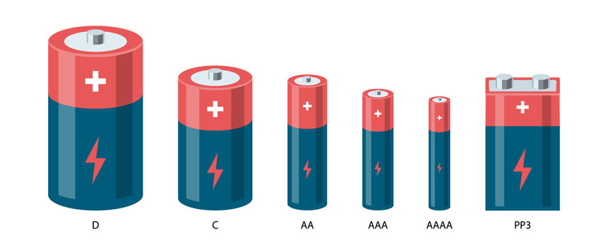 Battery types. Cylinder batteries in cartoon style.