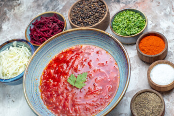 front view tasty borsch with seasonings on white background meal photo cuisine dish color