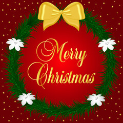 Fototapeta na wymiar Postcard Merry Christmas with wreath on red background. Vector illustration