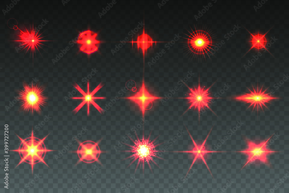 Poster set of red flashes of light isolated on transparent background. solar flare with rays and searchligh