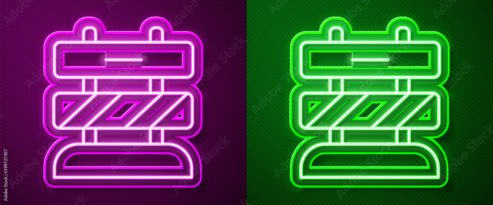 Poster glowing neon line end of railway tracks icon isolated on purple and green background. stop sign. rai