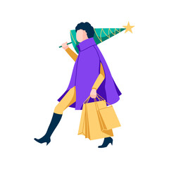 Christmas shopping concept. Beautiful young woman carrying shopping bags with presents and pine tree. Girl preparing for winter holidays, seasonal sale cartoon vector illustration