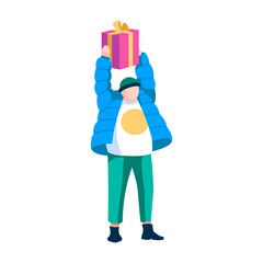 Young man with gift box. Guy dressed in winter clothes celebrating holiday. Xmas festive season shopping. Merry Christmas and Happy New Year concept cartoon vector illustration
