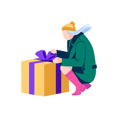 Girl with Huge Box with Bow. Woman dressed in winter clothes celebrating holiday. Person receiving or preparing gift for congratulations. Merry Christmas and Happy New Year cartoon vector illustration