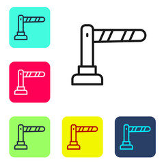 Black line Railway barrier icon isolated on white background. Set icons in color square buttons. Vector.
