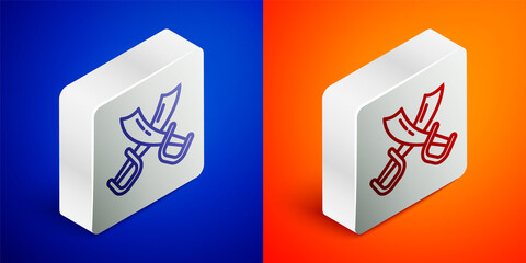 Isometric line Crossed pirate swords icon isolated on blue and orange background. Sabre sign. Silver square button. Vector.