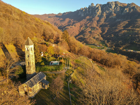 Aerial view at the church of Saint Martino on Colla valley near Lugano in Switzerland