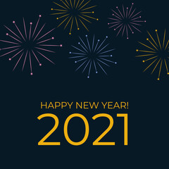 Greeting card Happy New Year 2021. Beautiful Square holiday web banner or billboard with text Happy New Year 2021 on the background of fireworks.
