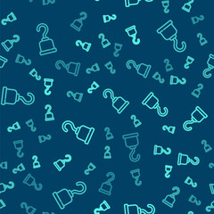 Green line Pirate hook icon isolated seamless pattern on blue background. Vector.
