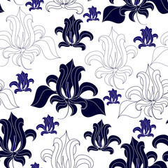 Seamless pattern with blue flowers on a white background. Hand drawn floral texture.
