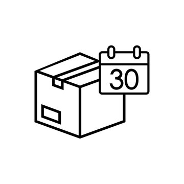Logotipo 30 días de devolucion gratis del envío. Icono caja de cartón con calendario con 30 con lineas en color negro
