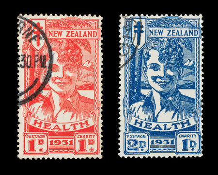 New Zealand postage stamps. The 1931 1d and 2d "Red and Blue Boys"  with a surcharge for charity