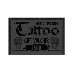 Vintage Tattoo gift voucher template. Grey grunge gift card with sugar rskulls.