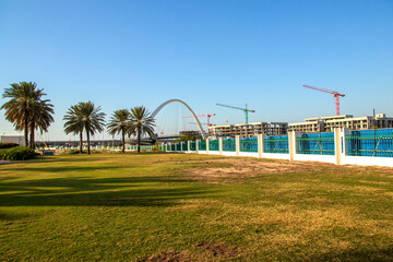 View of a well known landmark of Dubai, Tolerance bridge. Shot made from safa park. Outdoors