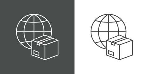 Logotipo envío internacional. Icono caja de cartón con globo terráqueo con lineas en fondo gris y fondo blanco © teracreonte