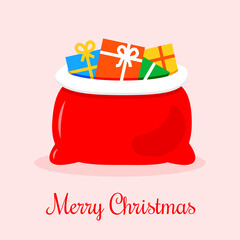 Red open santa bag with gifts. Christmas accessory. Isolated on white vector cartoon illustration