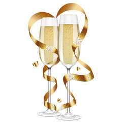 Glasses of champagne with ribbon and hearts, isolated.
