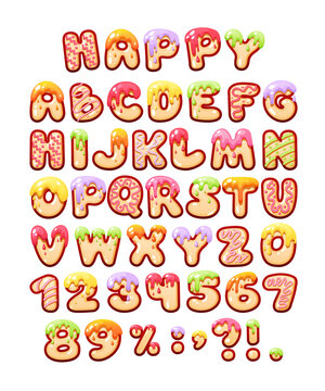 Comic game sweet font kids letters cartoon bubble fonts. Colorful lowercase letters of an alphabet with glint. Xmas cartoon cookies alphabet, sweet winter food, numbers, signs for kids